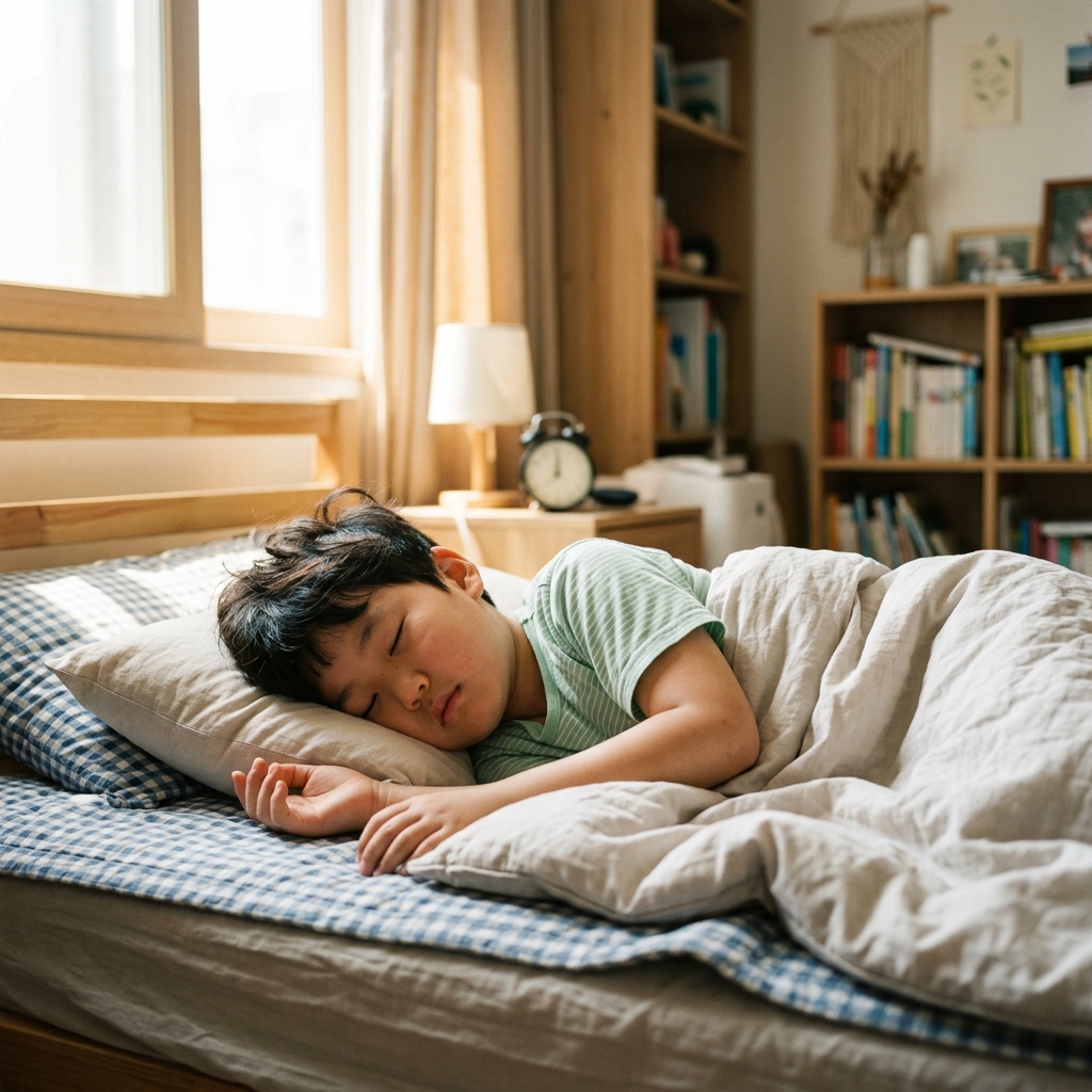 밝은 햇살이 비치는 방에서 늦은 아침 시간까지 잠든 초등학생 아이의 모습, 가벼운 반팔 잠옷 착용