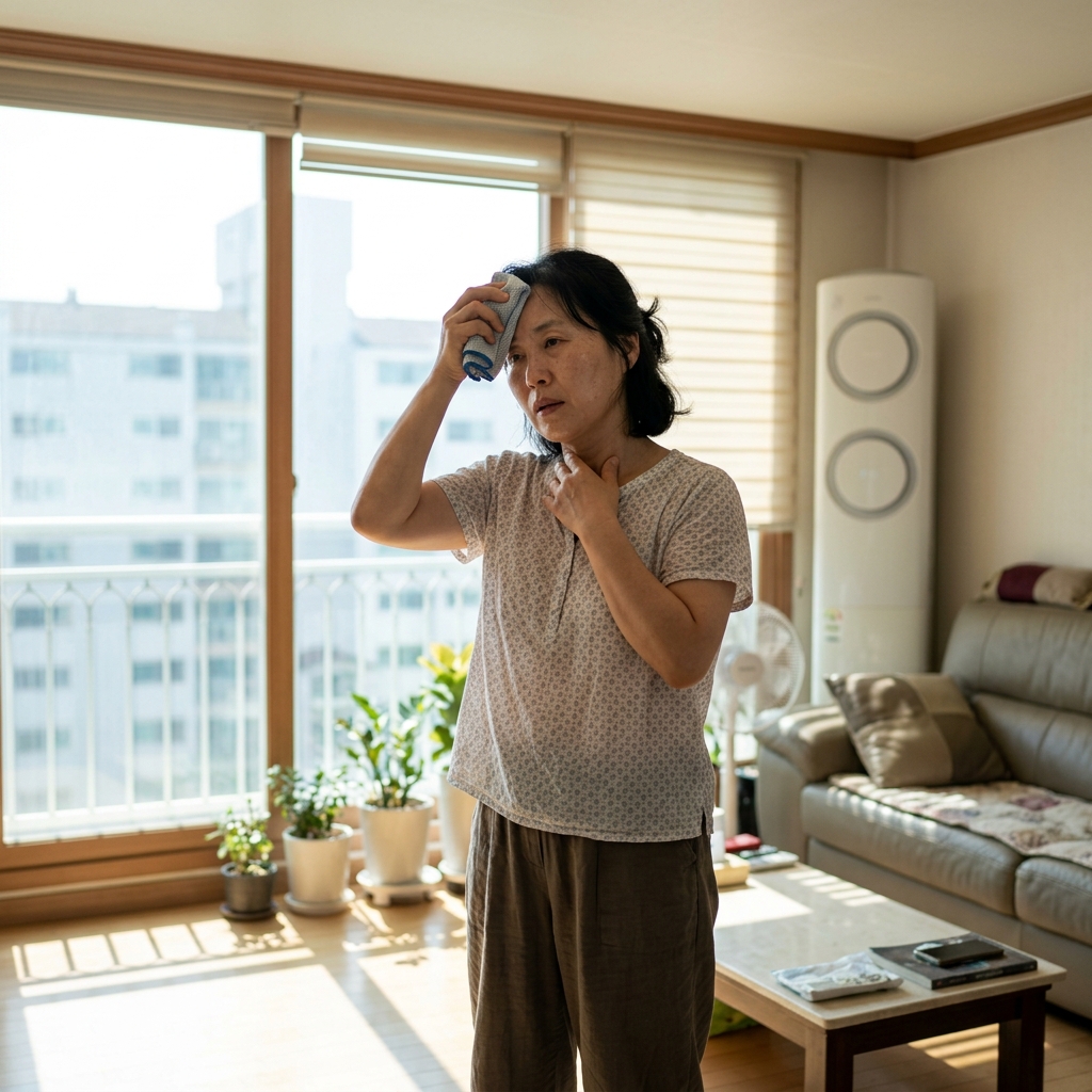 한낮 폭염 속 아파트 거실, 햇빛이 강하게 들어오는 창문 앞에서 더위를 느끼는 중년 여성