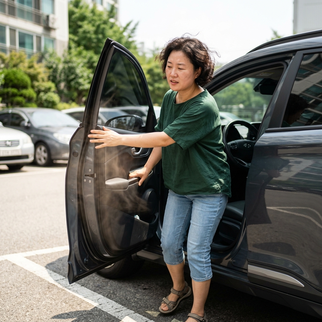 주차 직후 차 문을 열어 뜨거운 공기를 빼내는 장면