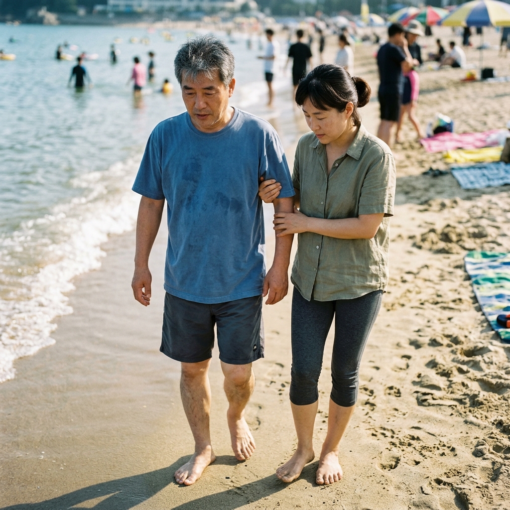 해변 백사장에서 팔을 붙잡고 있는 중년 남성과 보호자, 얇은 반팔 티셔츠 차림, 햇빛 강한 여름 오후