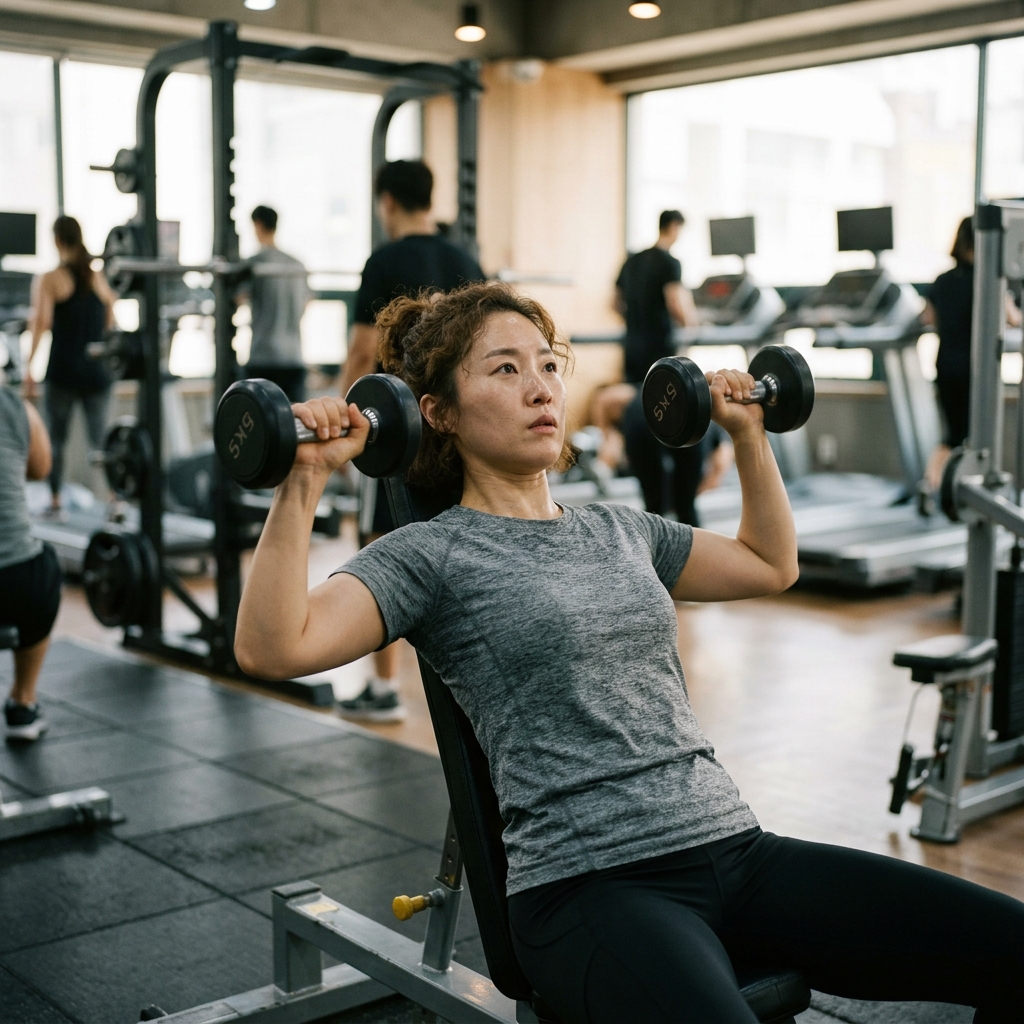 30대 여성이 실내 헬스장에서 아령을 들고 진지한 표정으로 근력운동 자세를 잡고 있는 장면