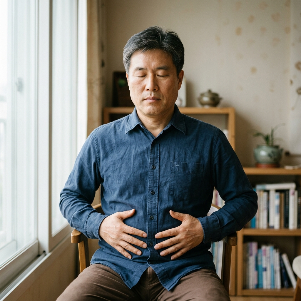 의자에 앉아 배에 손을 얹고 복식 호흡을 하는 한국인 중년 남성의 상반신, 실내 자연광, 차분한 분위기