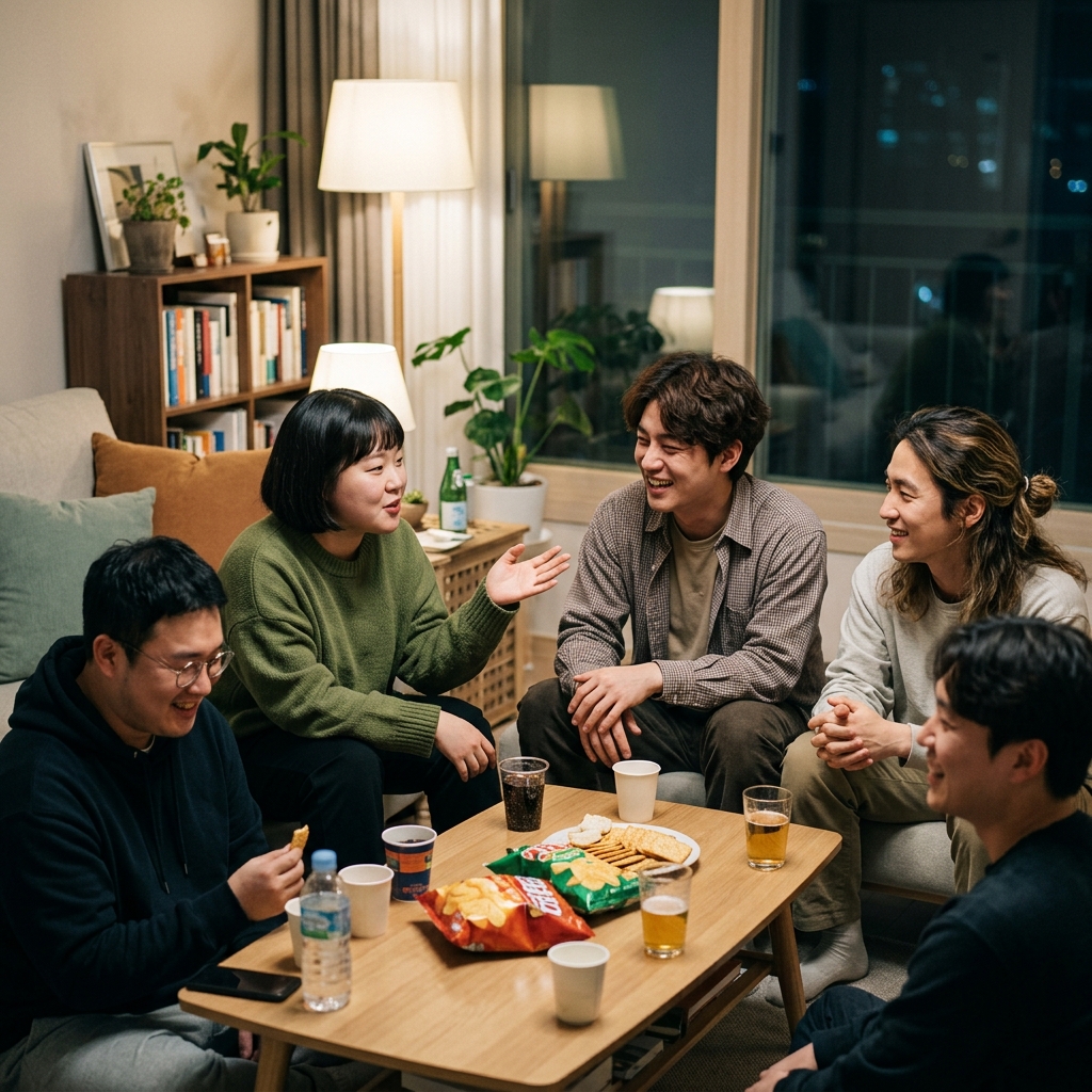 밤 늦은 거실에서 웃으며 이야기 나누고 있는 20대 친구들, 간식과 음료가 놓인 테이블 주변에 둘러앉아 자연스럽게 손짓하며 대화하는 편안한 분위기