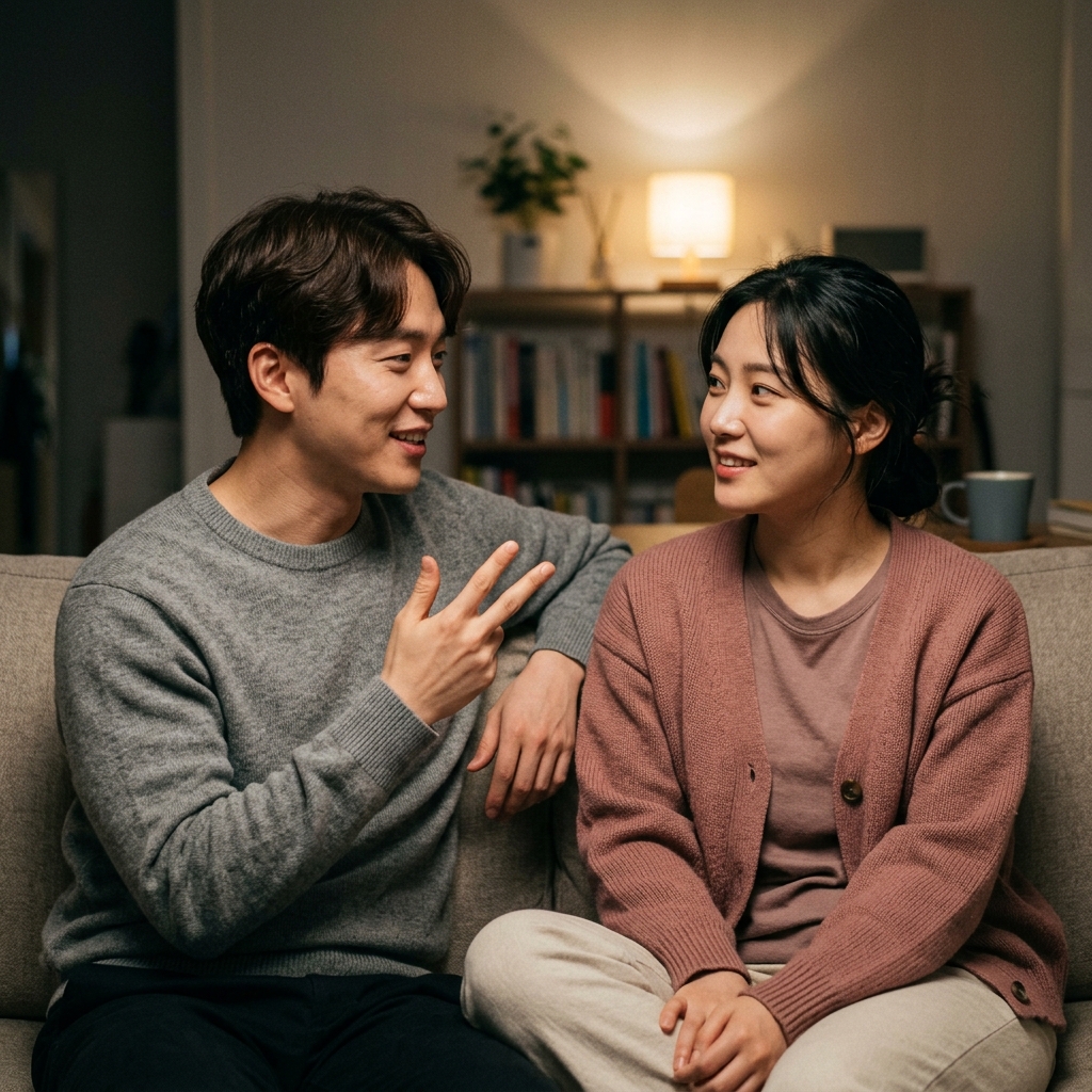 밤늦은 시간 소파에 나란히 앉아 웃으며 대화하고 있는 20대 커플, 한쪽은 손으로 선택지를 세며 설명하고 다른 한쪽은 고개를 갸우뚱하며 듣는 자연스러운 표정