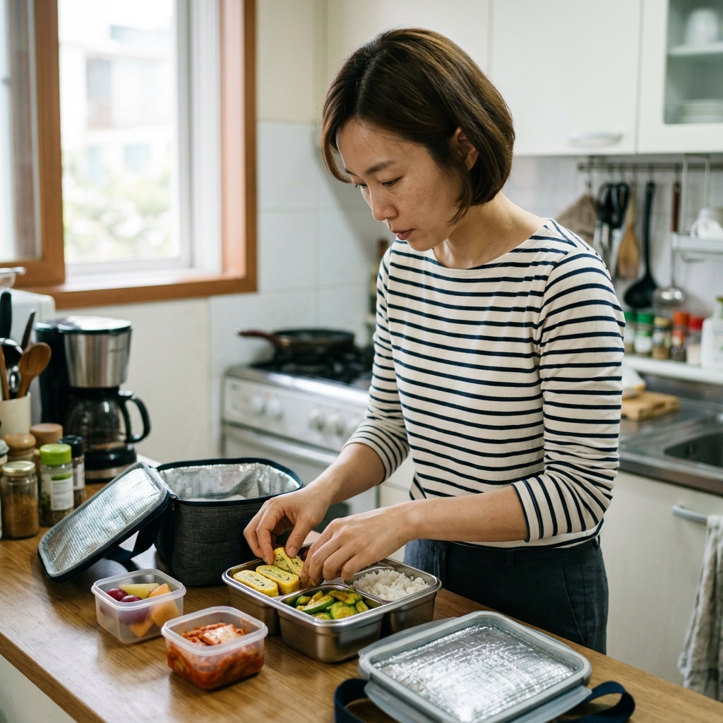도시락을 정리하는 직장인의 아침 준비 장면