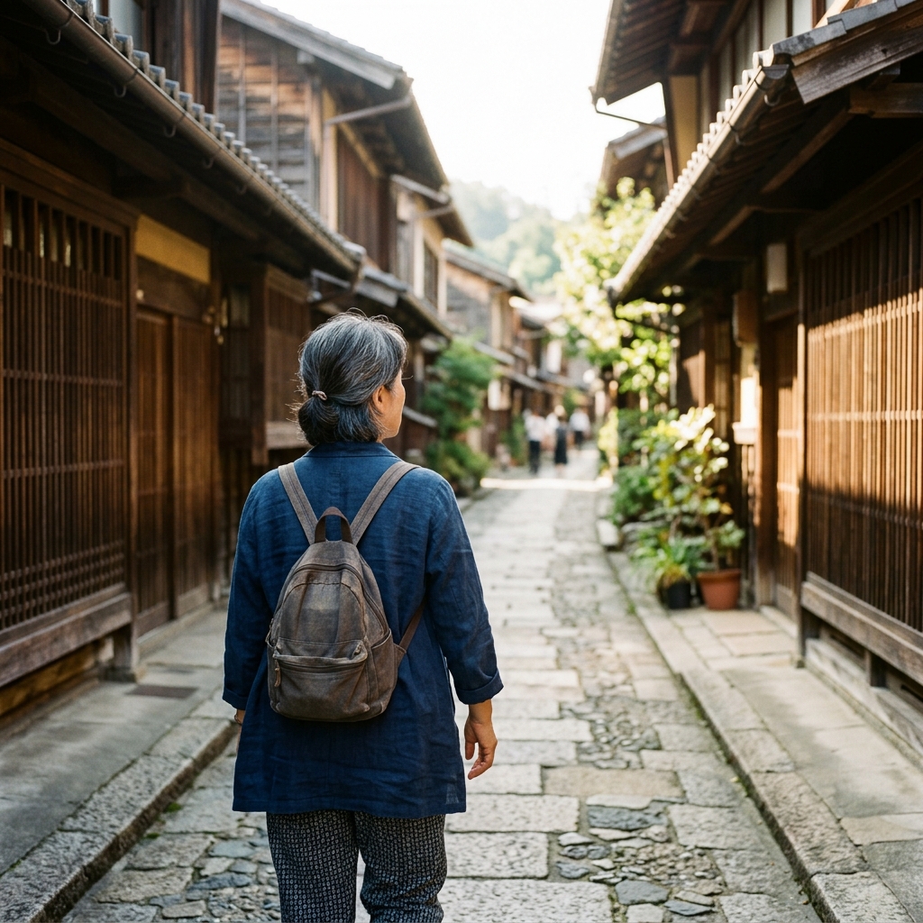 햇살 좋은 오전에 일본 옛 거리를 천천히 걷고 있는 여행자의 뒷모습과 전통 가옥들