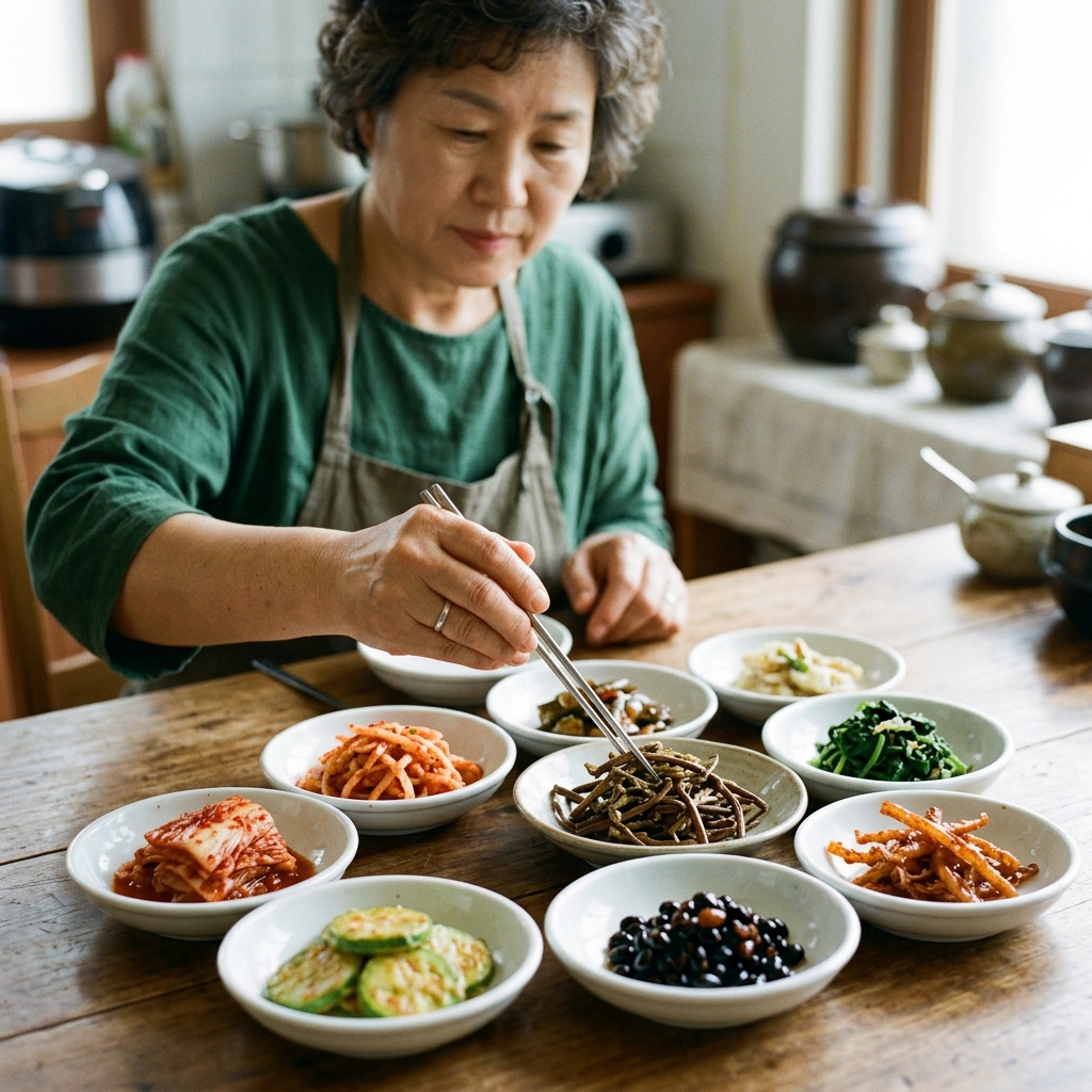 흰 접시에 담긴 여러 종류의 밑반찬들이 식탁 위에 놓여 있는 모습