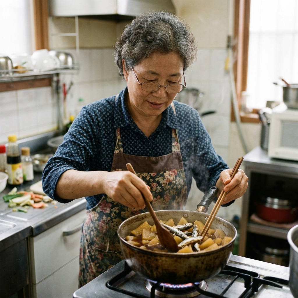 냄비에 무와 멸치를 넣어 조리고 있는 모습