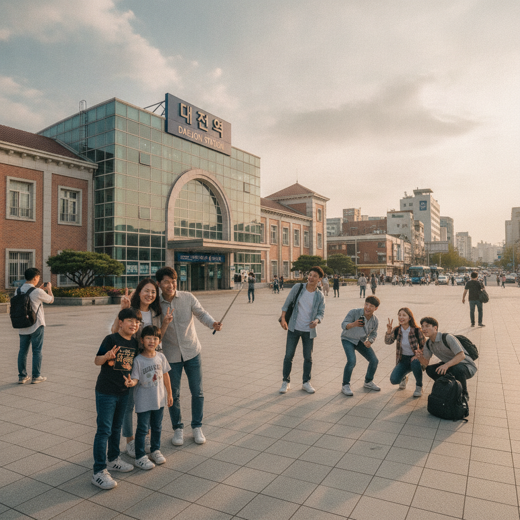 대전역 앞에서 사진 찍는 사람들