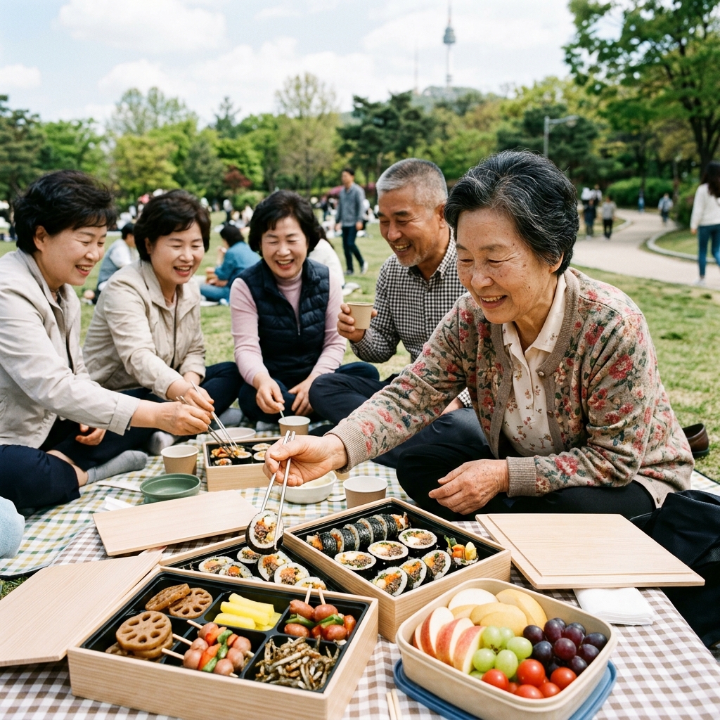 도시락통에 예쁘게 담긴 김밥, 과일, 반찬이 놓인 소풍 장면