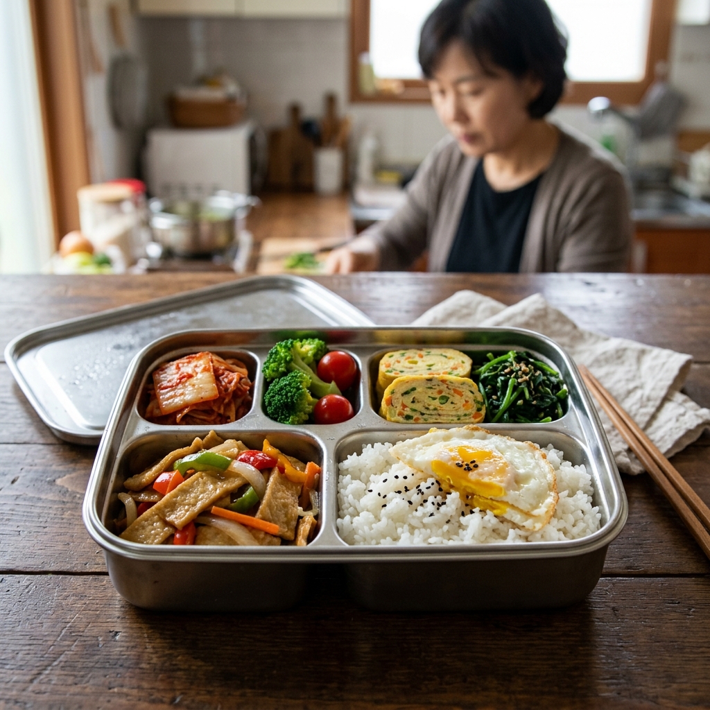 칸막이 도시락통에 색감 좋은 반찬과 밥이 예쁘게 담긴 모습