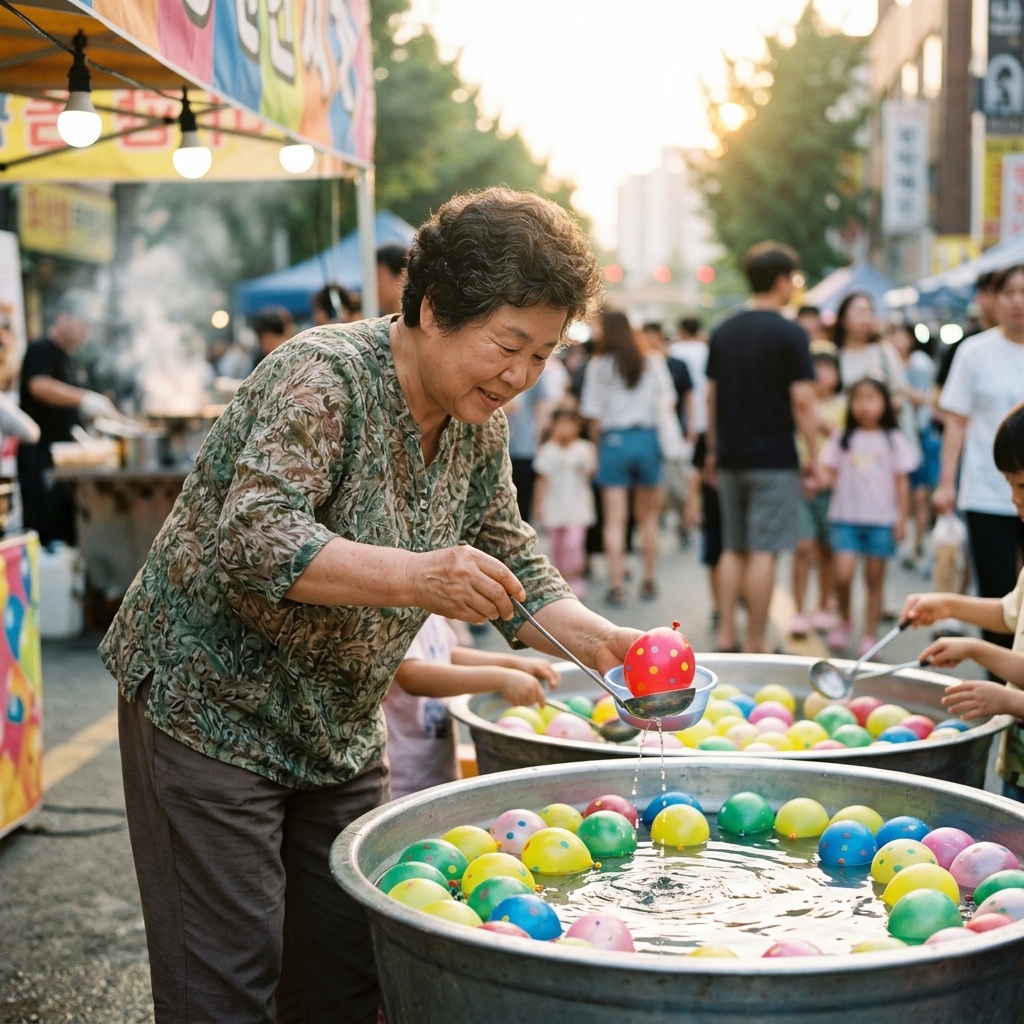 여름 축제 노점에서 물에 떠 있는 화려한 색상의 물풍선을 건져 올리는 놀이를 즐기는 장면