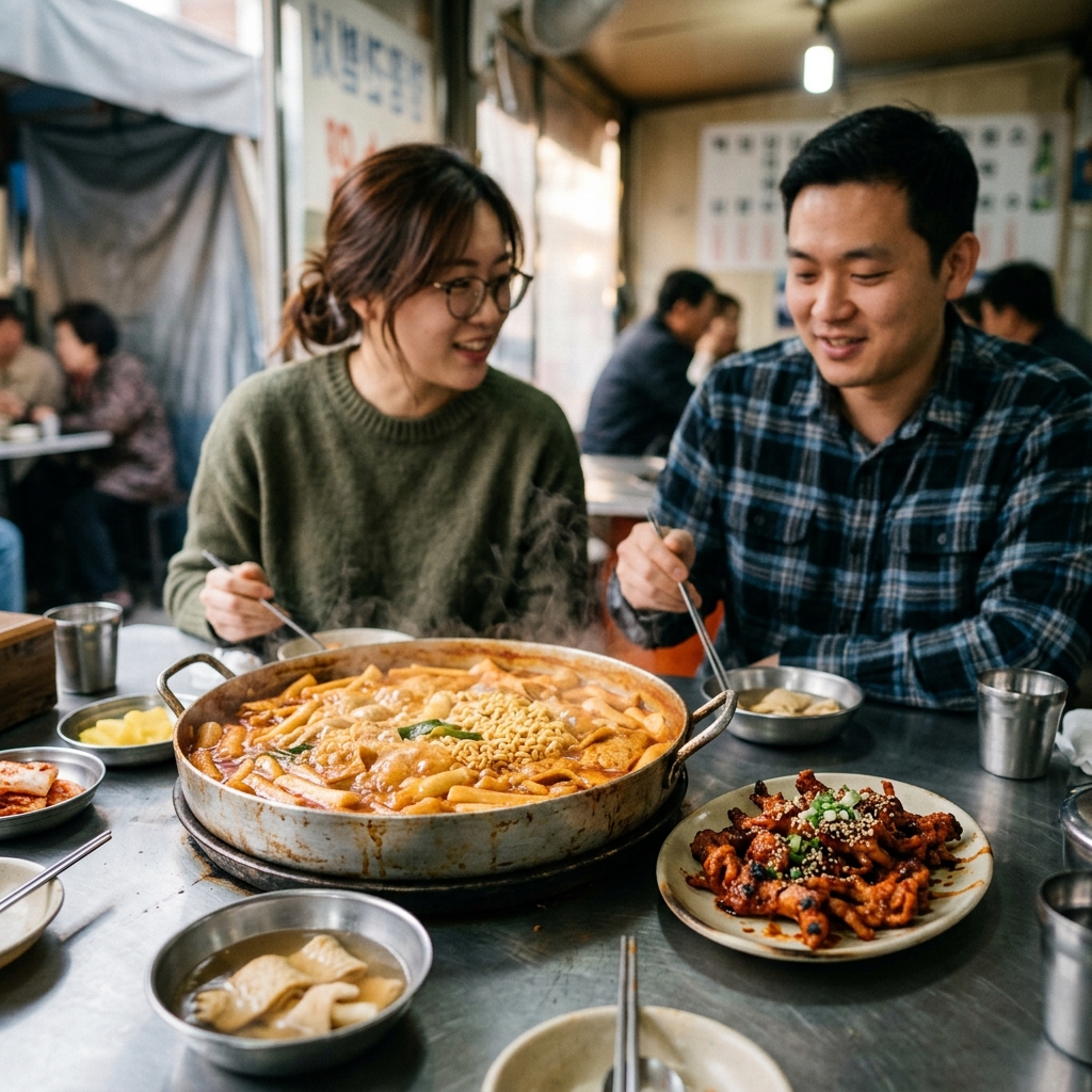 철판 위에서 끓고 있는 즉석떡볶이와 닭발 한 접시