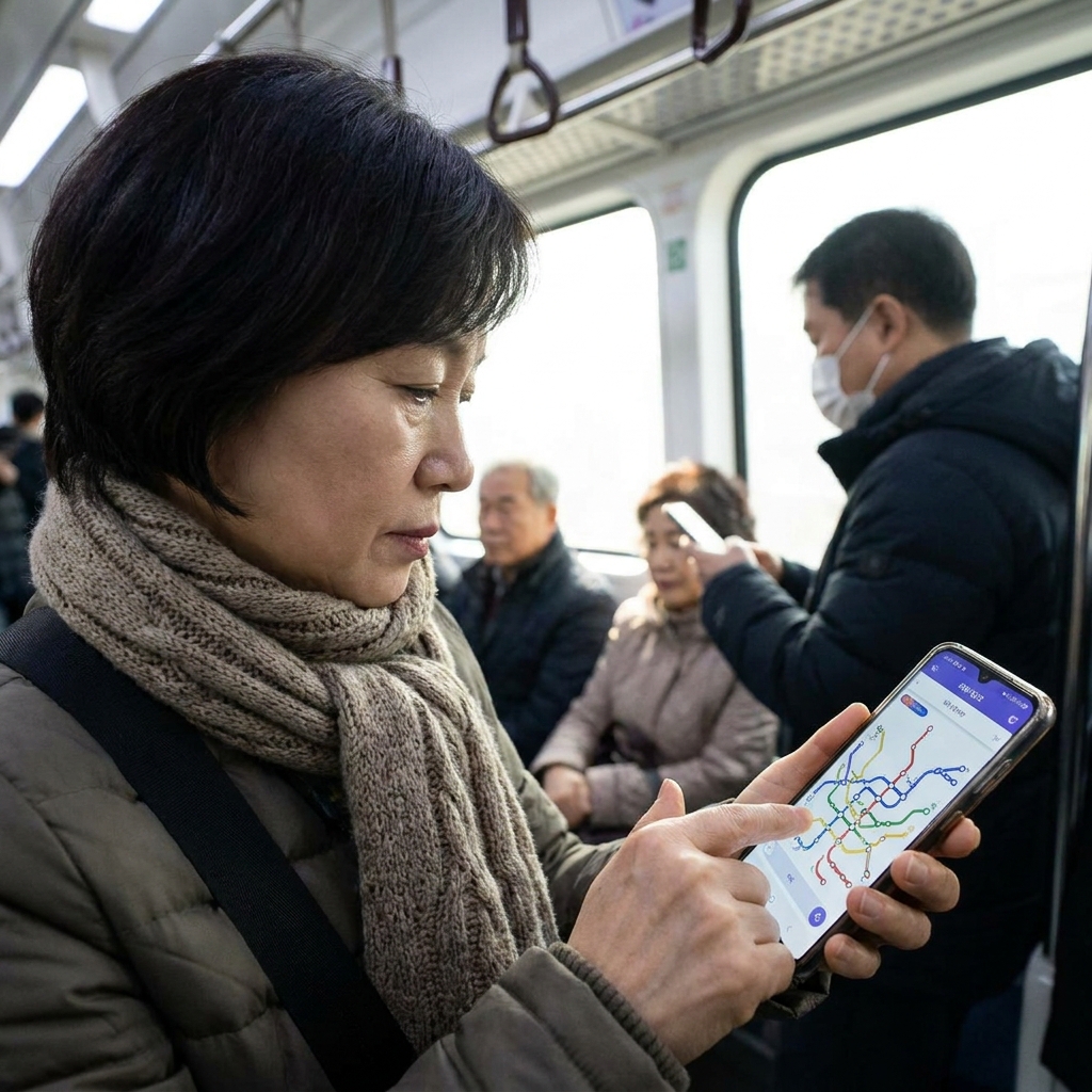 스마트폰으로 지하철 노선도 퀴즈를 푸는 장면