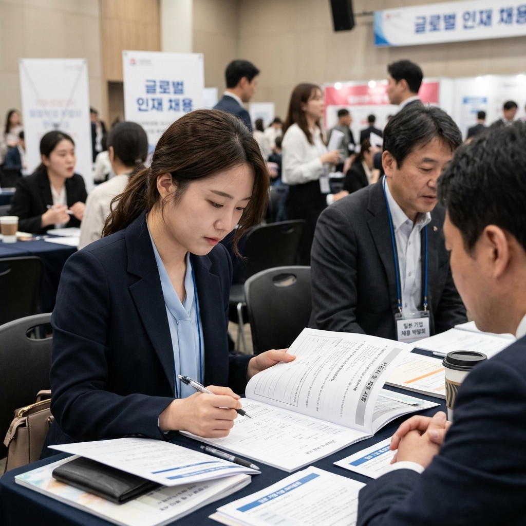 일본 기업 채용 설명회에서 한국인 지원자가 서류를 검토하는 모습