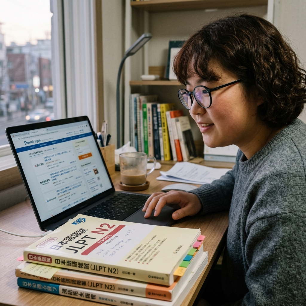 일본어 능력 시험 교재와 노트북에 띄운 채용 사이트 화면