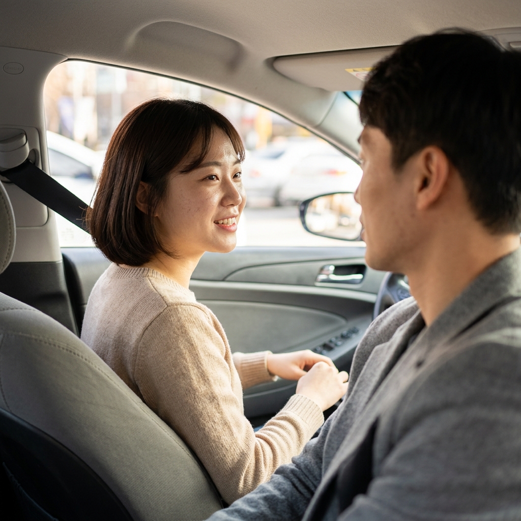여성이 차 안에서 휴대폰을 보지 않고 운전자와 자연스럽게 대화하는 모습