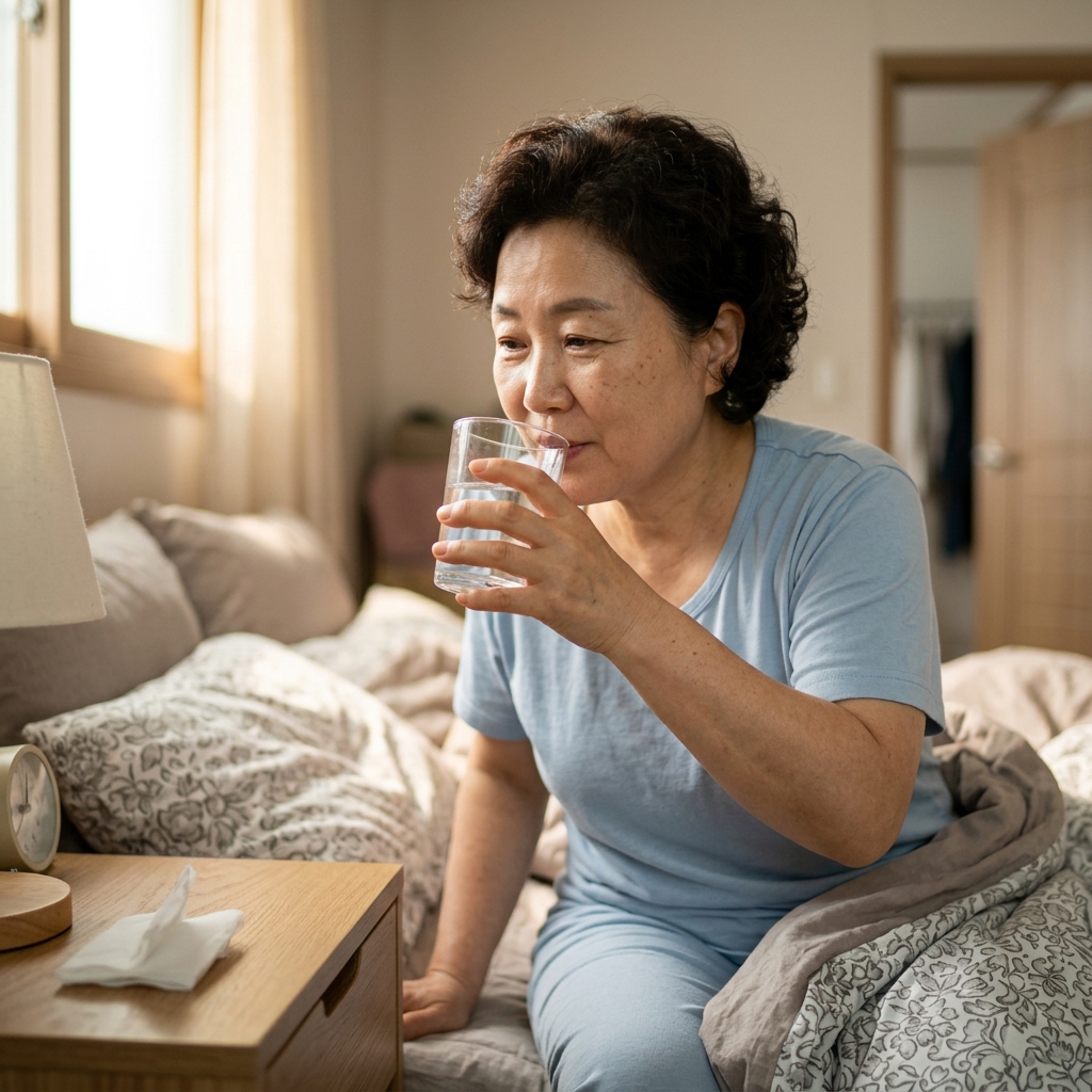 침대 옆 탁자 위에 놓인 미지근한 물 한 잔을 손으로 집어 마시는 50대 중반 한국인 여성의 아침 기상 직후 모습