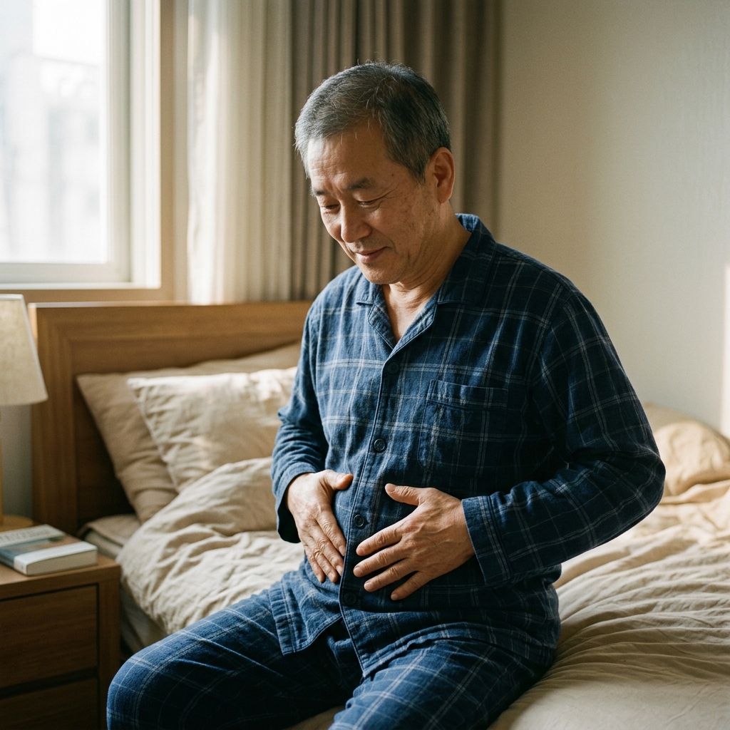 침대 위에 앉아 두 손으로 배를 시계 방향으로 부드럽게 마사지하는 60대 초반 한국인 남성의 편안한 아침 루틴 모습