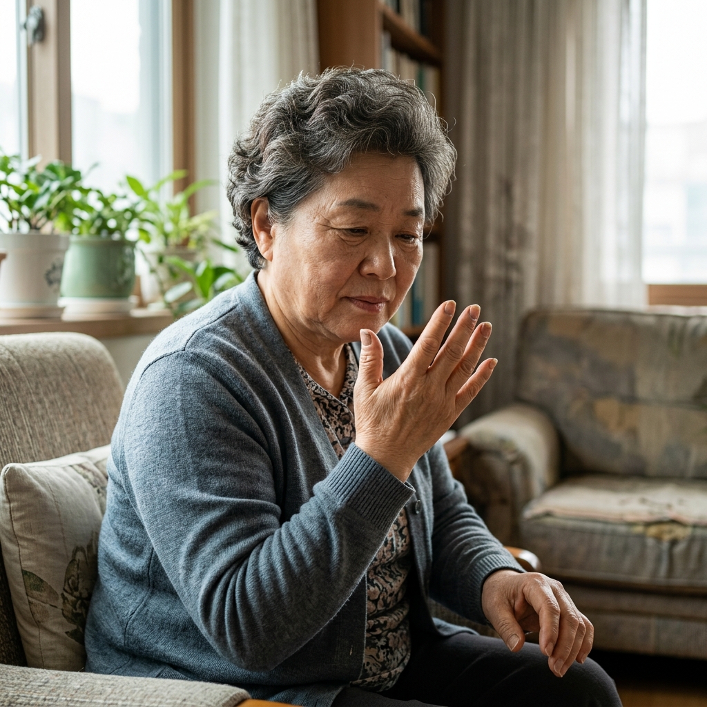 60대 중반 여성이 거실 창가 자연광 아래에서 자신의 손톱을 자세히 살피고 있는 모습, 얇은 긴소매 카디건 착용