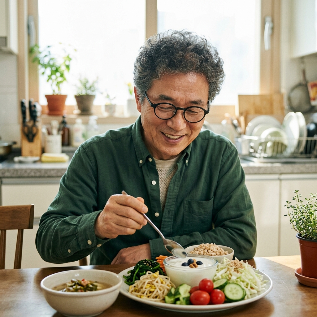 60대 중반 한국인이 장 건강을 위해 요구르트와 채소 중심 식단을 가벼운 표정으로 먹는 식탁 풍경, 밝은 실내