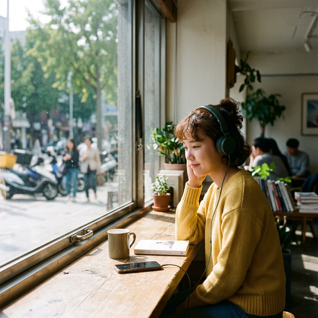 햇살 가득한 창가에 앉아 이어폰 끼고 음악 듣는 장면