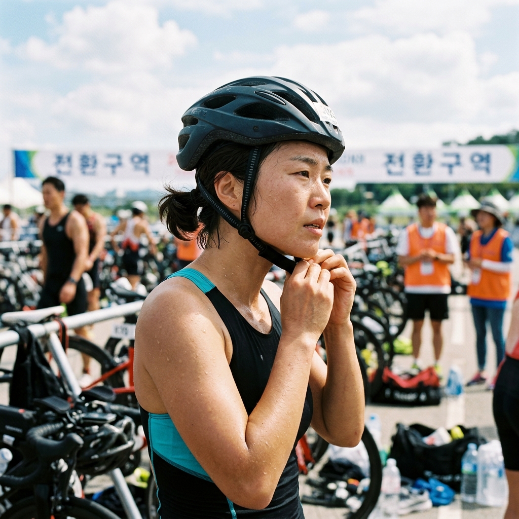 한국인 30대 여성이 철인3종 전환 구역에서 헬멧을 착용하며 준비하는 현실적인 경기 장면