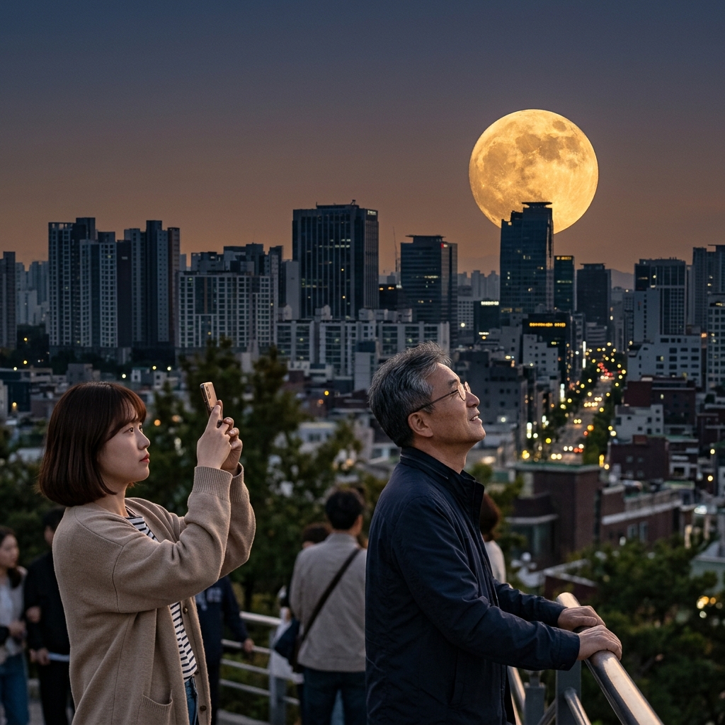 도심 위로 떠오르는 황금빛 보름달과 실루엣 풍경