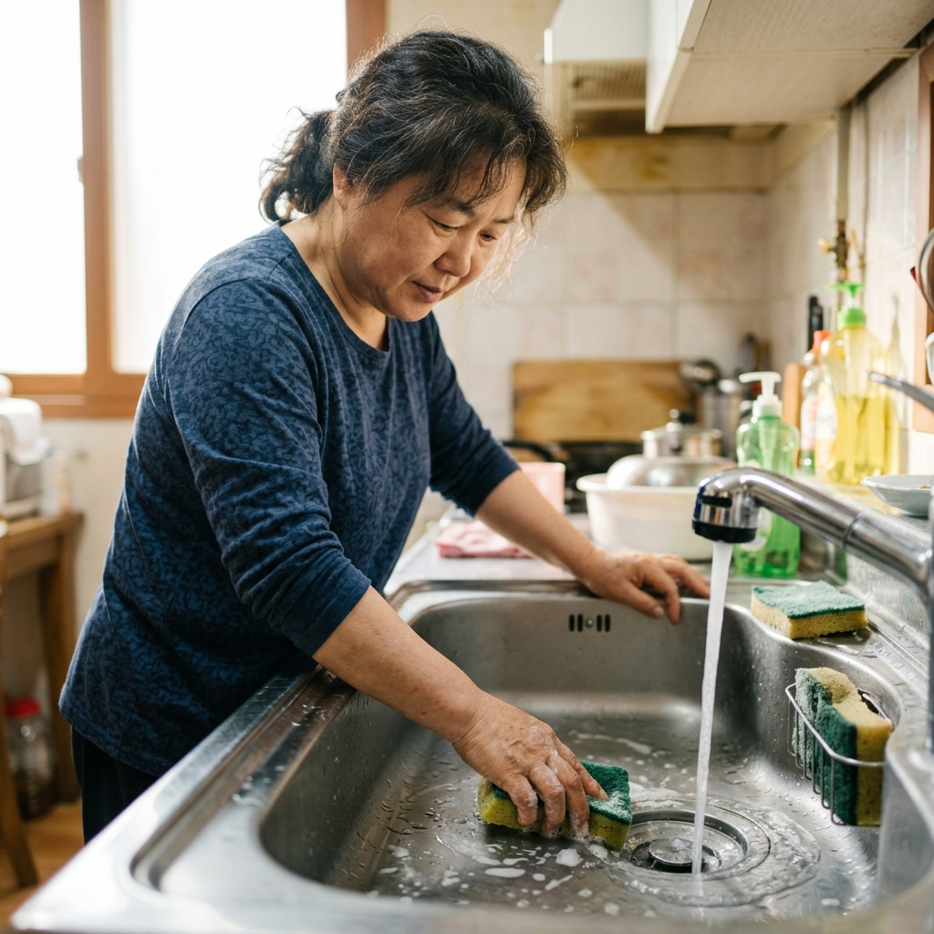 주방 싱크대 배수구와 수세미가 놓인 모습