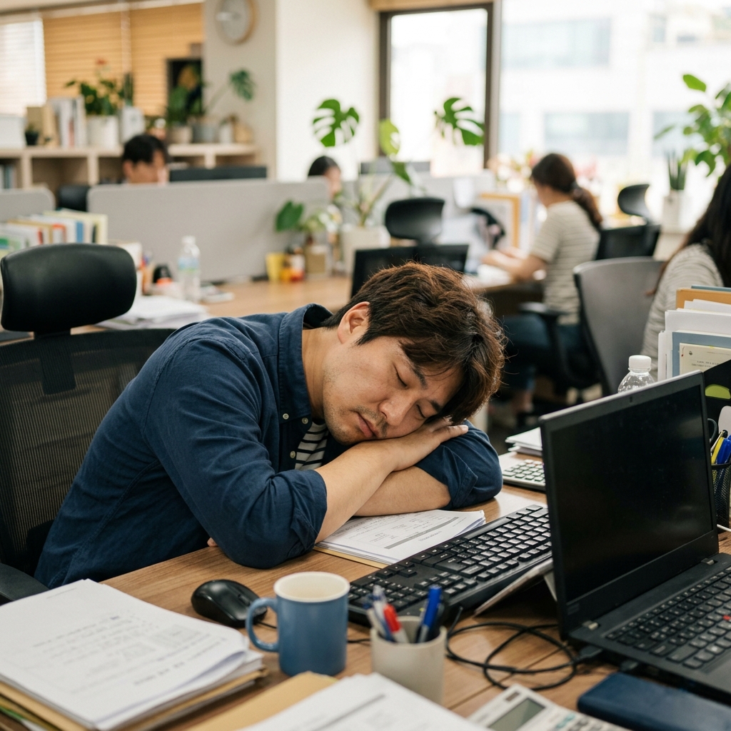 책상에 엎드려 짧게 낮잠 자는 직장인의 모습