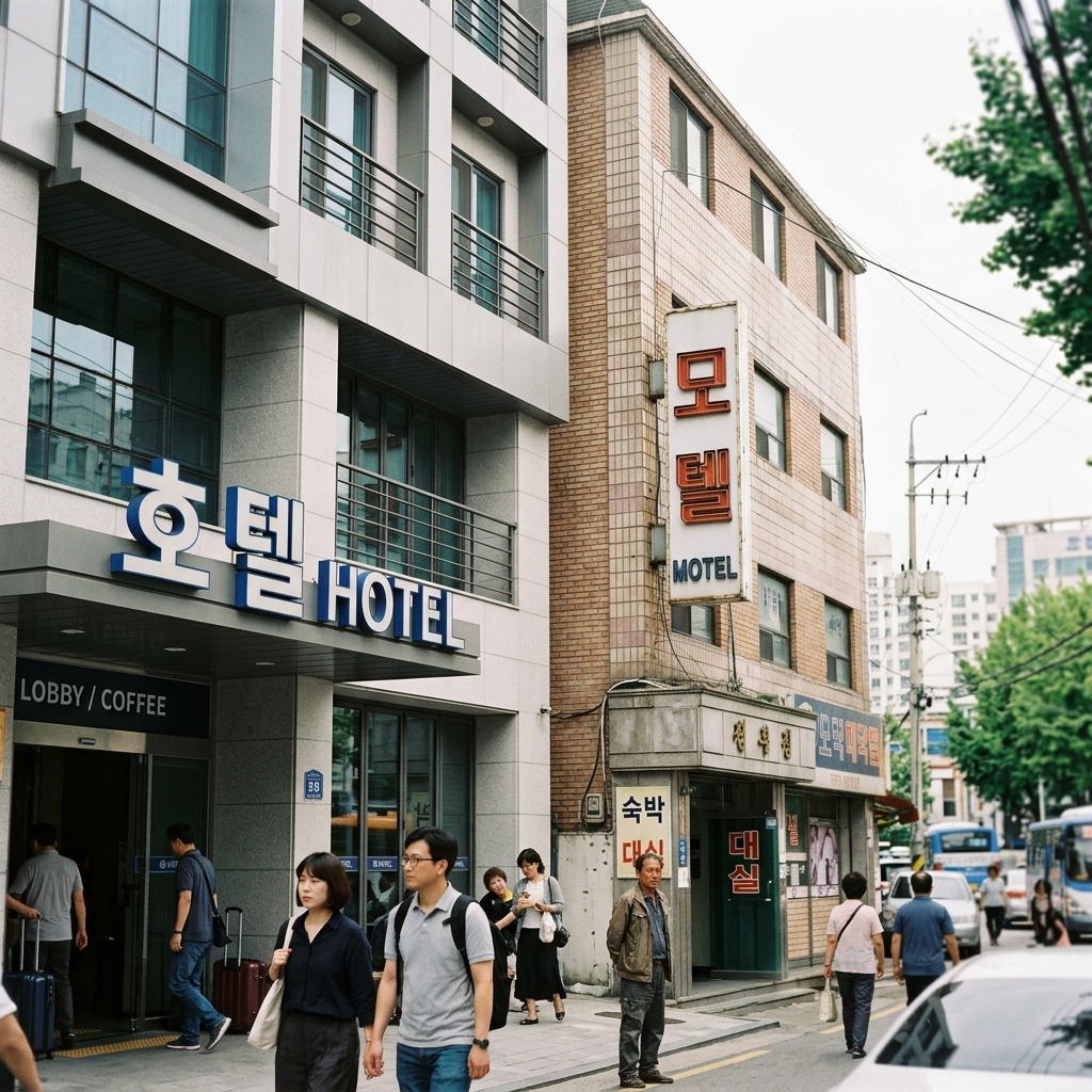 호텔과 모텔 건물 외관을 나란히 비교한 장면