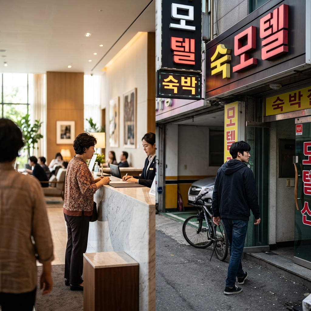 호텔 로비와 모텔 입구를 비교한 장면