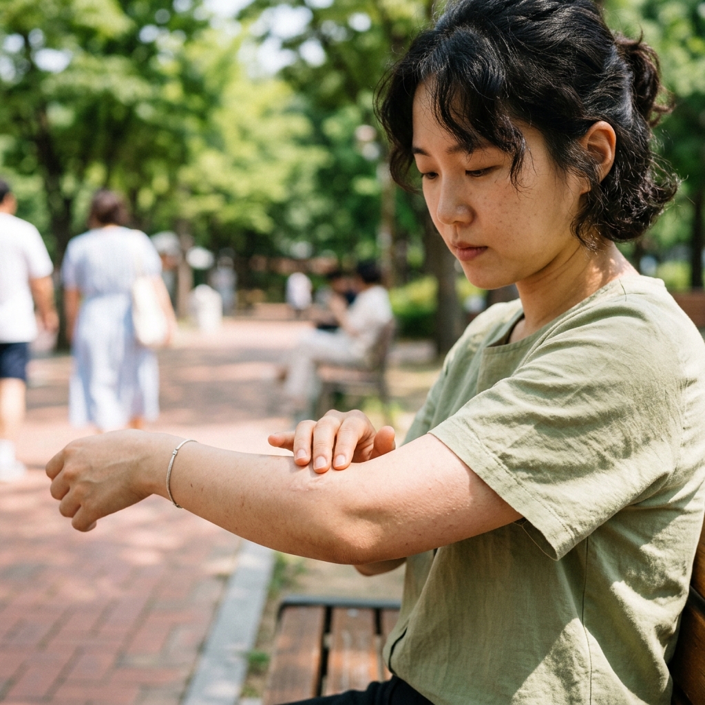 여름 햇살 아래 피부를 만지고 있는 사람의 팔