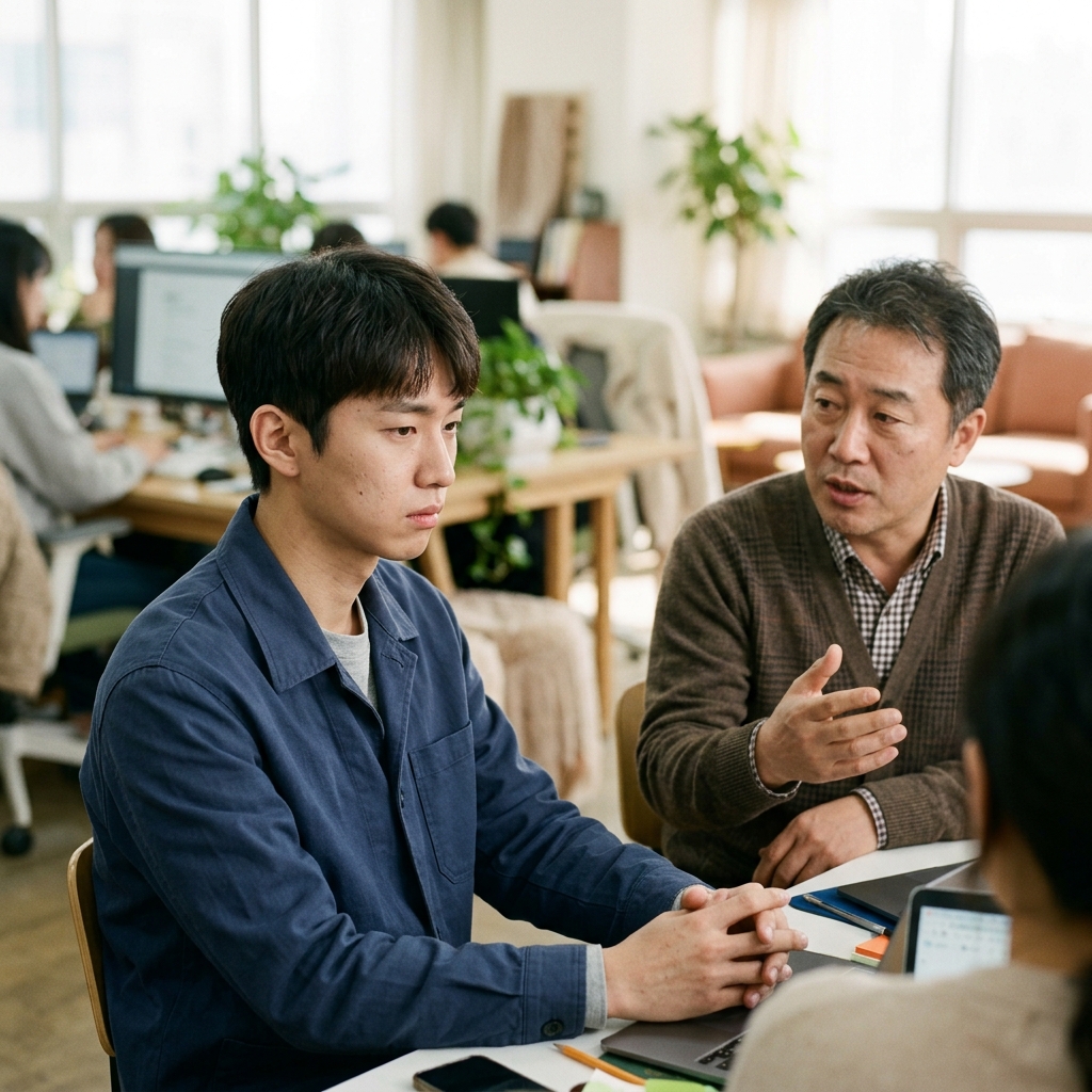 대화 중 불편한 표정으로 듣고 있는 젊은 직장인과 말하는 중년의 모습