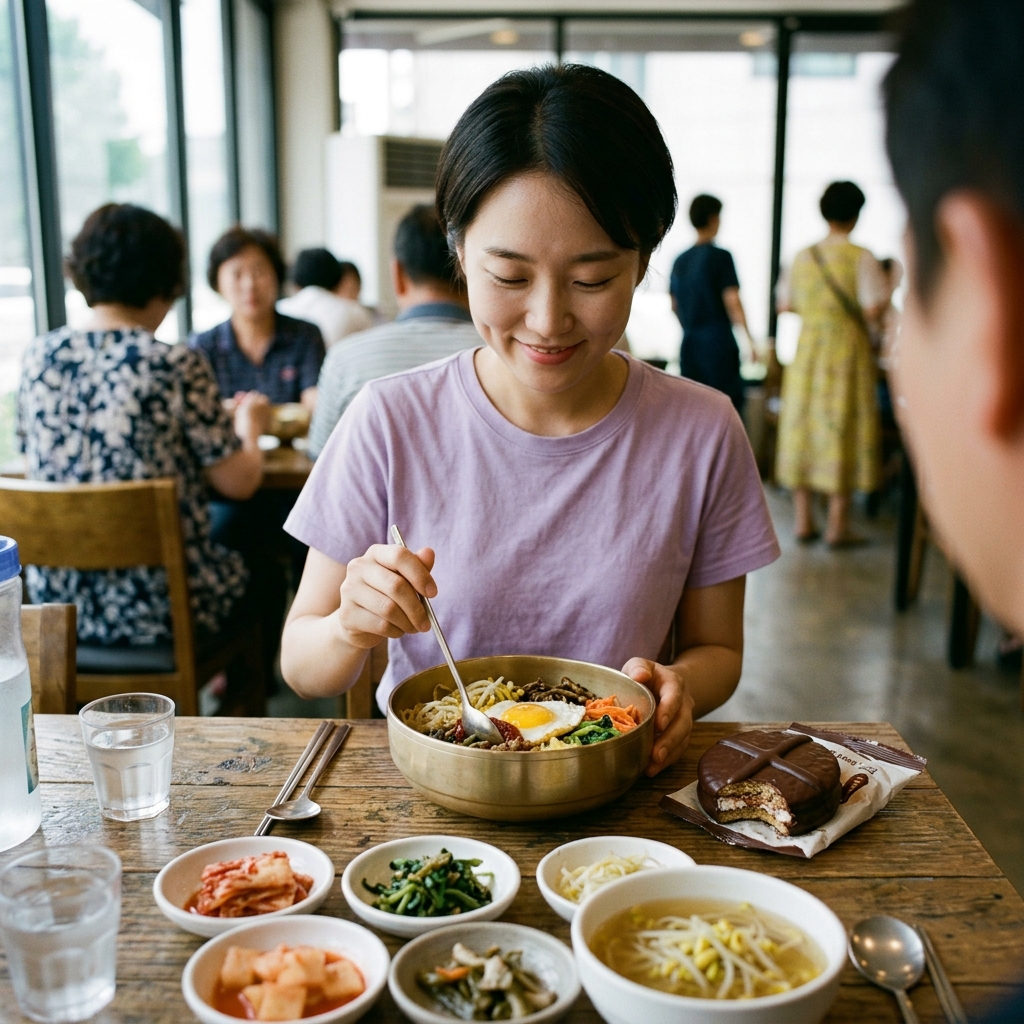 전주 비빔밥과 초코파이가 함께 놓인 식탁 풍경