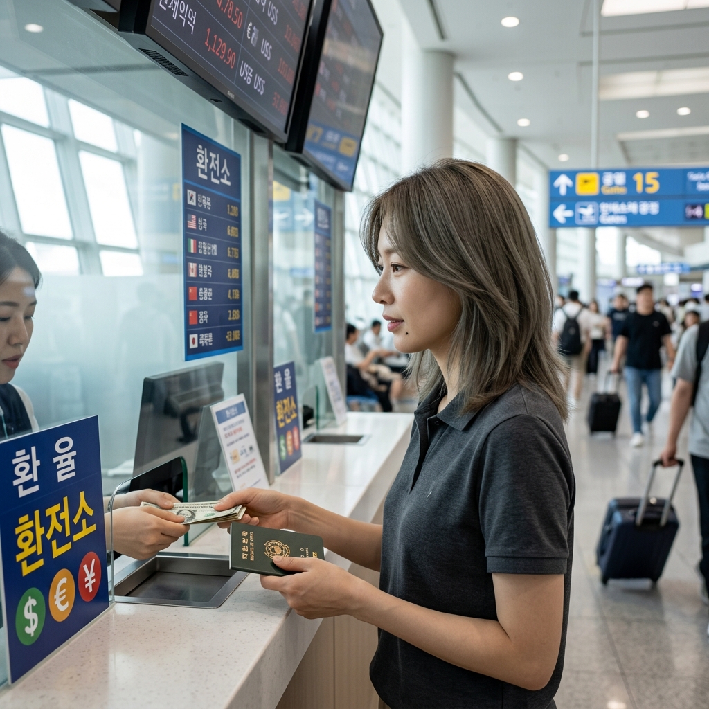 공항 환전소 앞에서 여권과 현금을 든 여행자의 모습