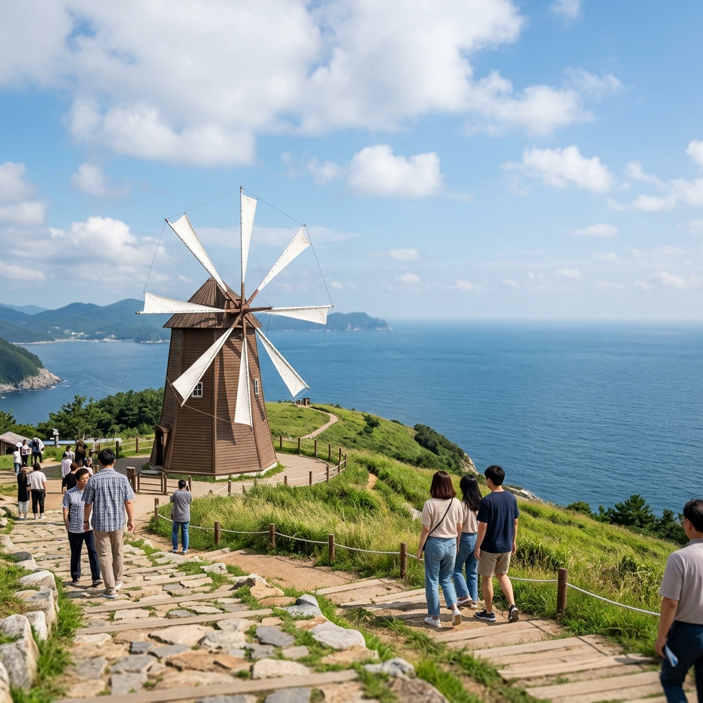 거제 바람의 언덕 풍차와 푸른 바다 전망