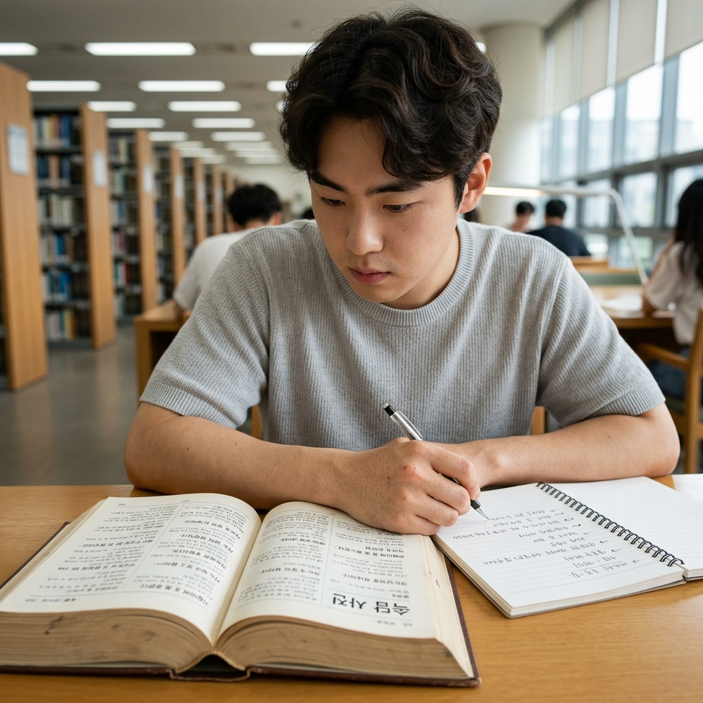 책상 위 펼쳐진 속담 사전과 메모하는 손