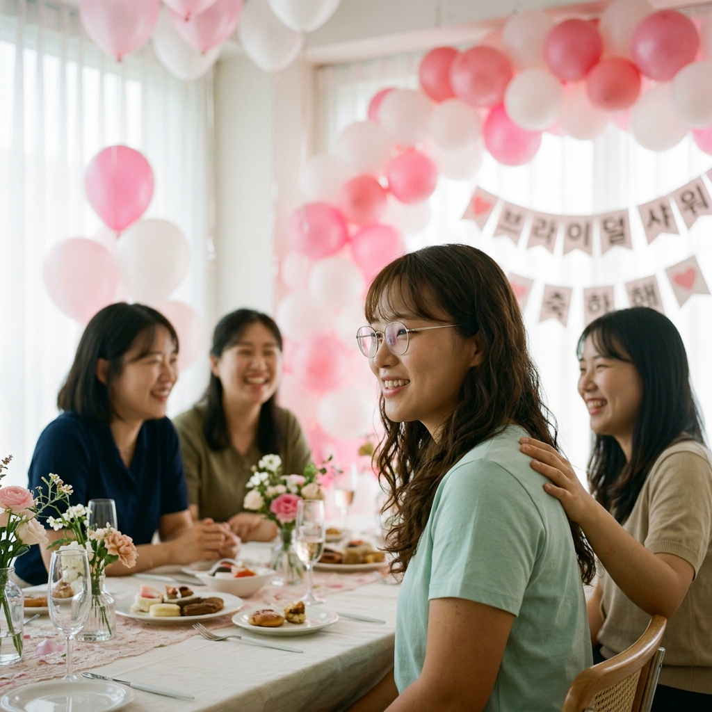 핑크와 화이트 풍선으로 꾸며진 브라이덜샤워 파티 공간에서 웃고 있는 예비신부와 친구들