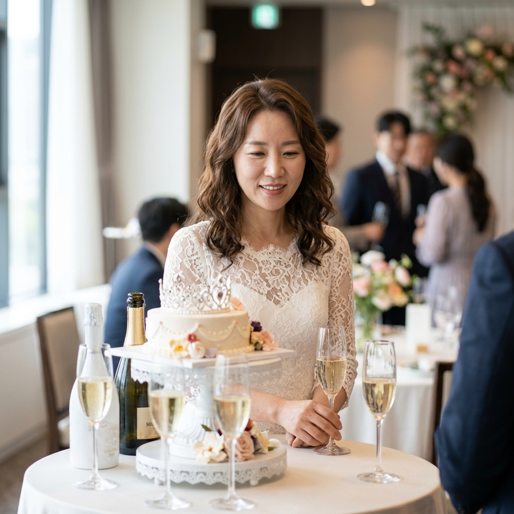 티아라 모양 케이크와 샴페인 잔이 놓인 테이블 앞에서 포즈를 취하는 드레스 입은 예비신부
