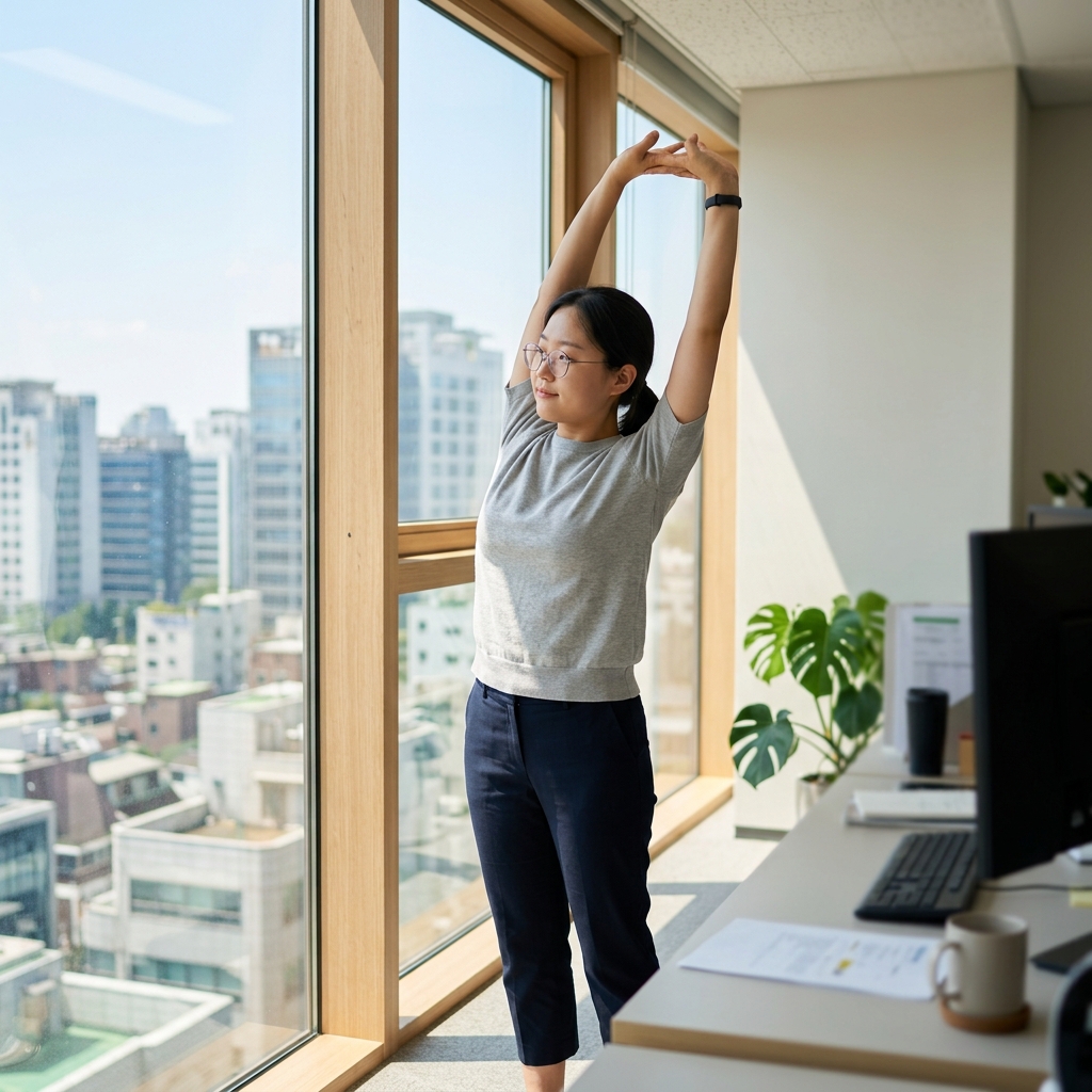 창가에서 기지개를 켜는 직장인