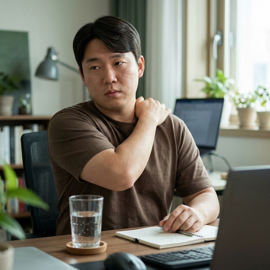 책상 위 물컵과 가벼운 스트레칭
