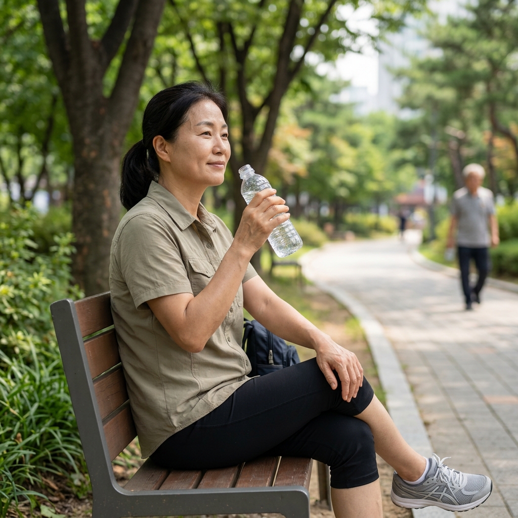 운동복 차림으로 공원 벤치에 앉아 물을 마시며 휴식을 취하는 60대 여성의 모습