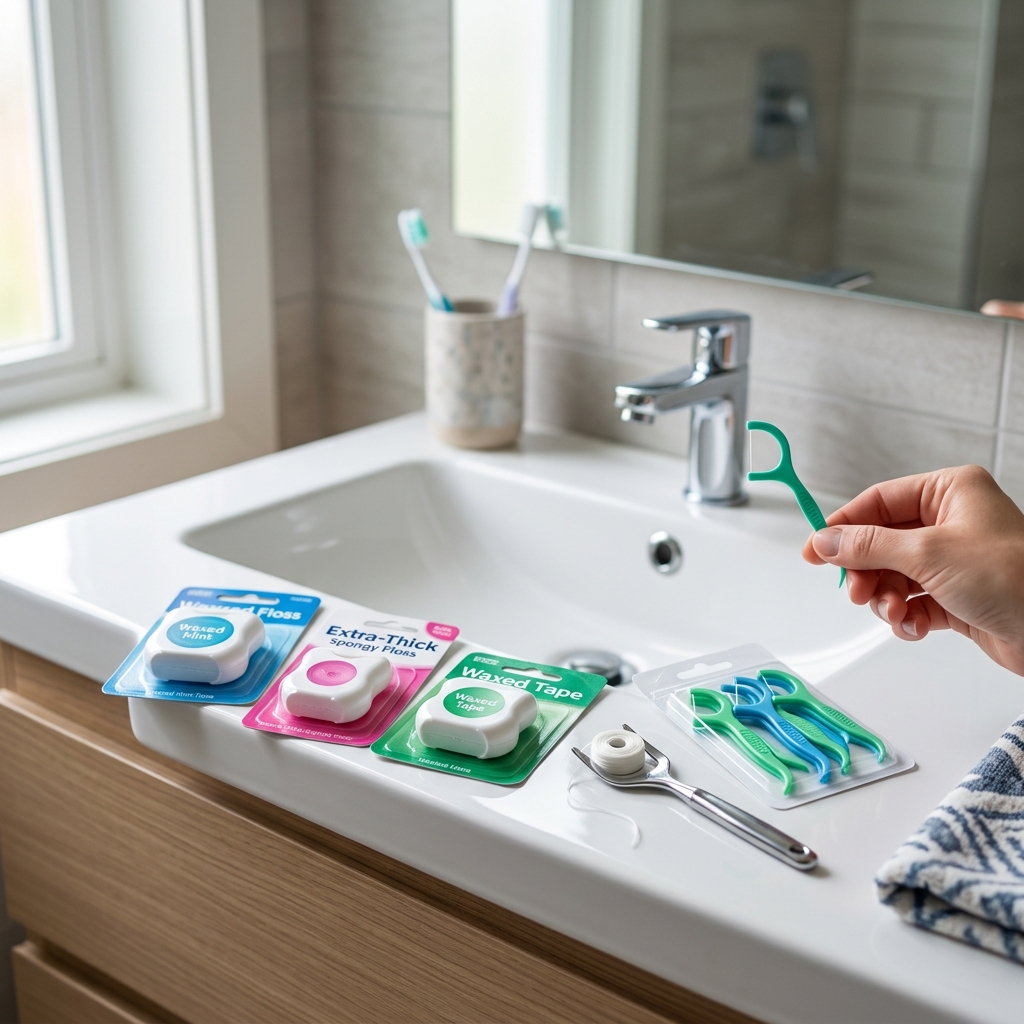 세면대 위에 놓인 다양한 굵기의 치실과 Y자형 치실 도구들