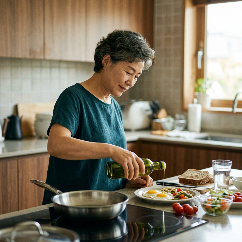 중장년 여성이 주방에서 달걀에 올리브유를 가볍게 뿌리며 식사를 준비하는 모습
