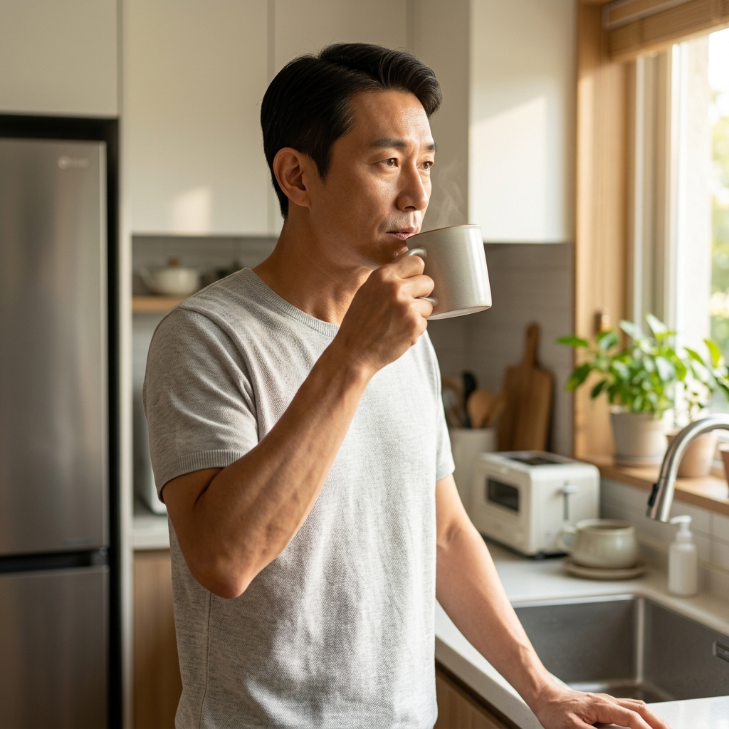 아침 햇살이 들어오는 주방에서 커피 대신 따뜻한 물을 마시는 중장년 남성의 모습
