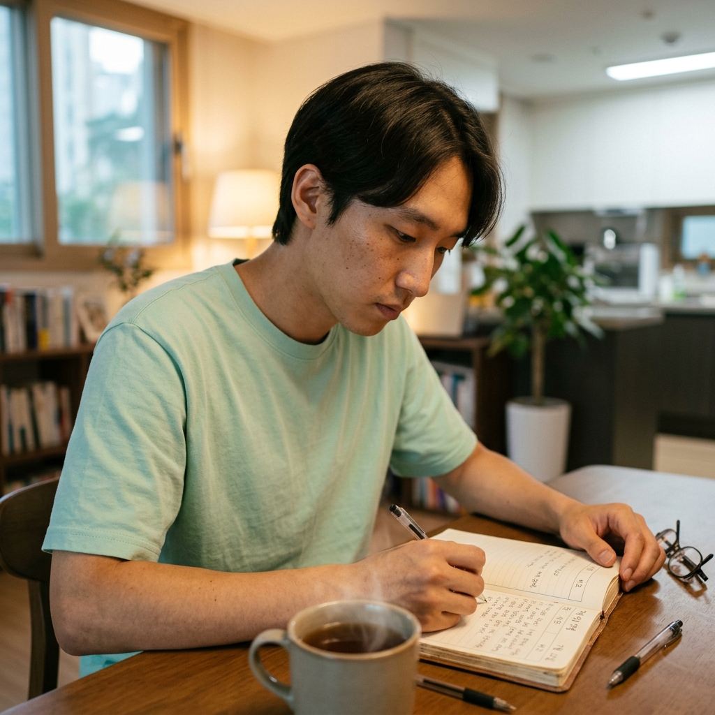 식탁 위에 놓인 따뜻한 차 한 잔과 다이어리를 보며 저녁 식습관을 기록하는 중장년 남성의 모습