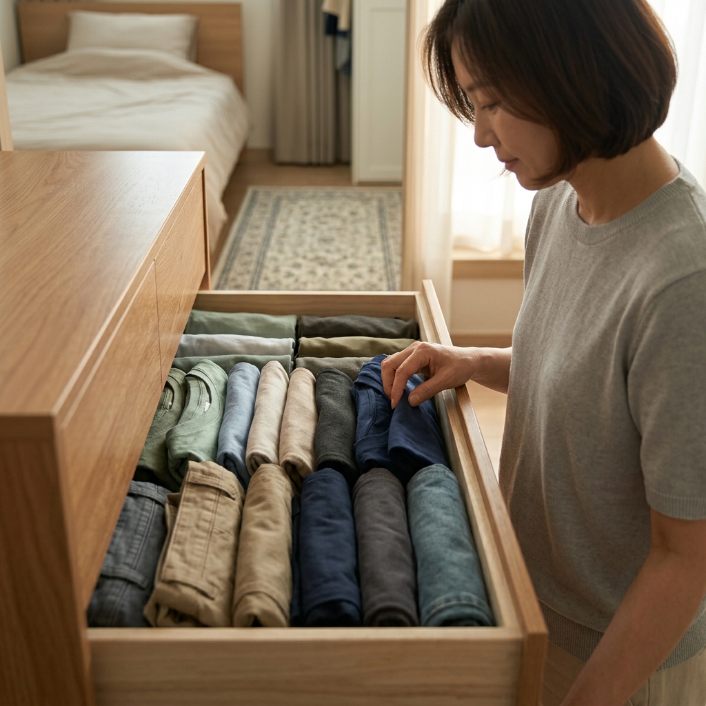 옷장 서랍을 열어 티셔츠와 바지가 세로로 가지런히 정리된 모습