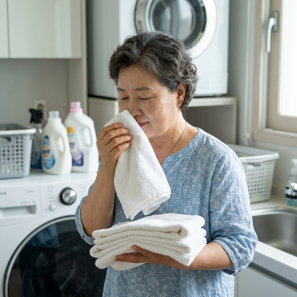갓 빨아 개킨 흰색 수건을 코에 가까이 대고 냄새를 확인하는 표정의 중년 여성, 실내 세탁실 배경