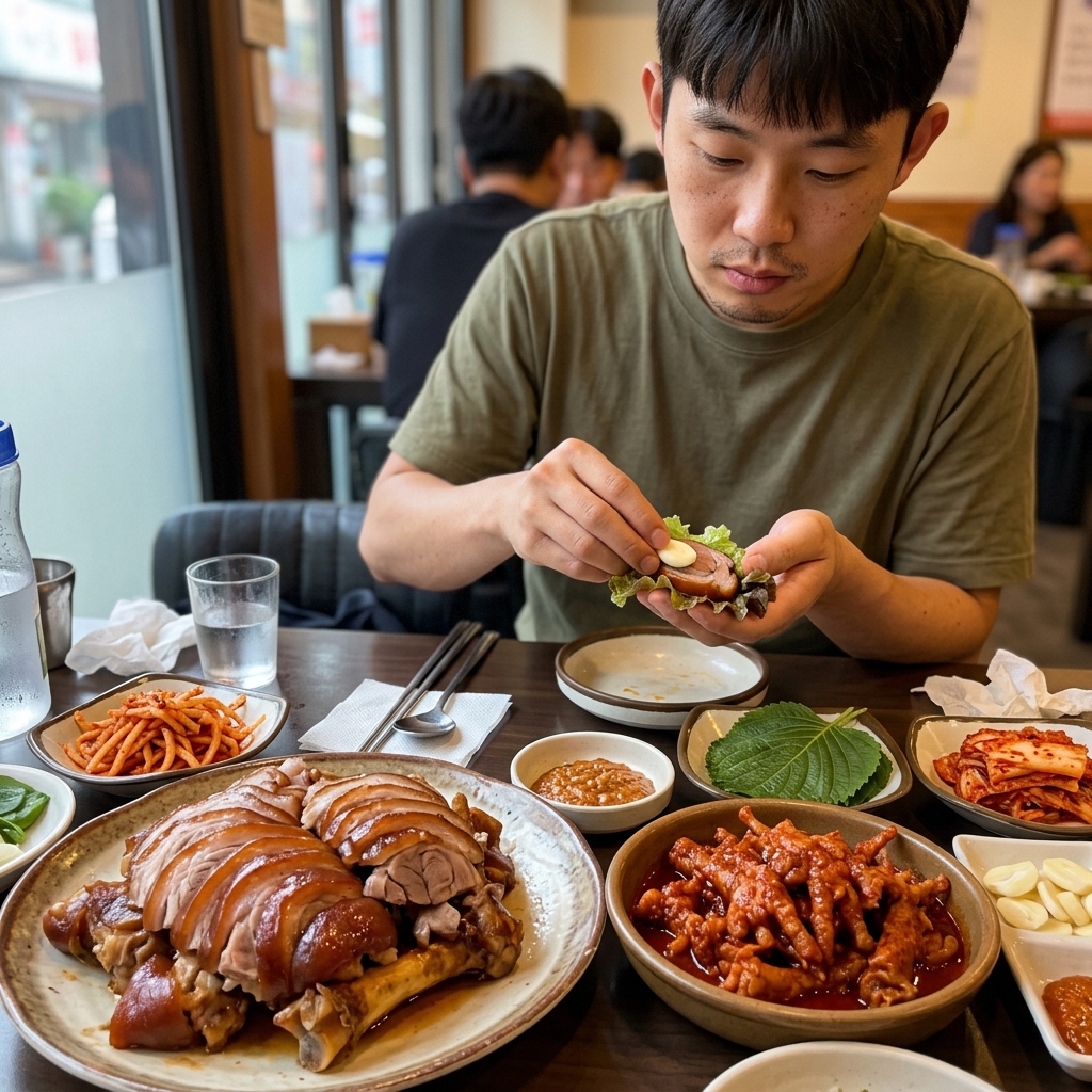 쫄깃하게 삶아낸 족발과 매콤한 닭발이 한 상에 차려진 모습